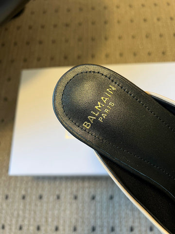 BALMAIN 26S GOLD CHAIN HIGH HEEL MULES 45 MM IN BEIGE CALFSKIN