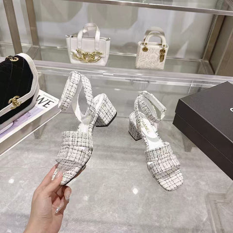 CC HIGH-HEELED SANDALS IN BLACK AND WHITE TWEED