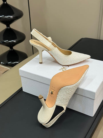 J'ADIOR POINTED TOE SLINGBACK PUMPS IN WHITE BEADED FABRIC