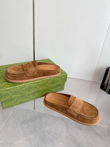 GG LOAFERS IN BROWN MONOGRAM EMBOSSED SUEDE
