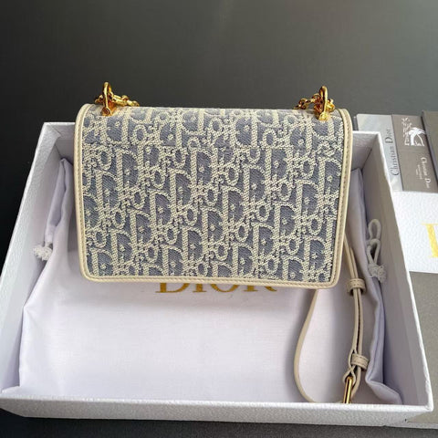 CD OBLIQUE SHOULDER BAG 18 IN BLUE AND BEIGE FABRIC GOLD-TONE CHAIN