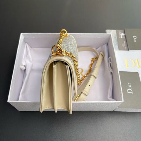 CD OBLIQUE SHOULDER BAG 18 IN BLUE AND BEIGE FABRIC GOLD-TONE CHAIN