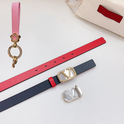 Gold Vlogo and Silver Hardware Buckle Black Red Calfskin 20mm