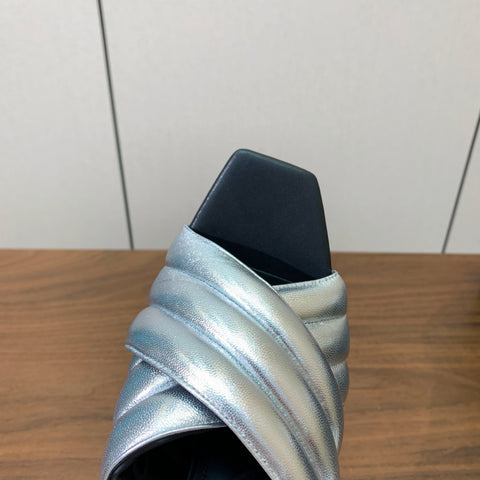 BALMAIN 26S QUILTED PLATFORM MULES 105 MM IN SILVER CALFSKIN