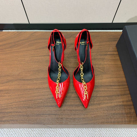 BALMAIN 26S CHAIN HIGH HEELS 95 MM IN RED PATENT CALFSKIN