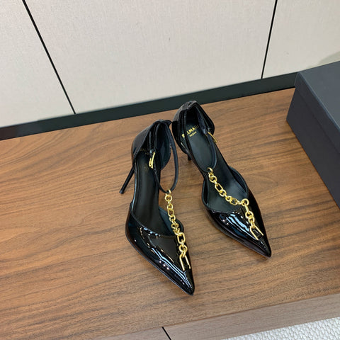 BALMAIN 26S CHAIN HIGH HEELS 95 MM IN BLACK PATENT CALFSKIN