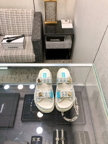 DAD SANDAL MULE IN WHITE MIX LIGHT BLUE TWEED FABRIC