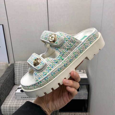 DAD SANDAL MULE IN WHITE MIX PERSIAN GREEN TWEED FABRIC