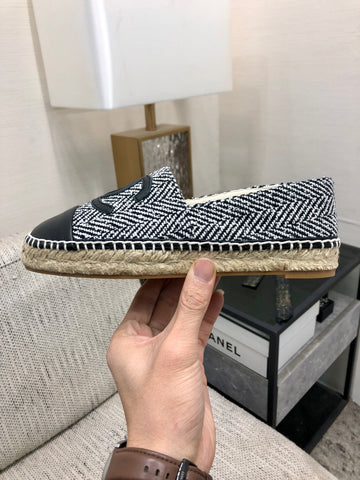 ESPADRILLE BLACK MIX WHITE TWEED FABRIC AND CALFSKIN FLATS 185046