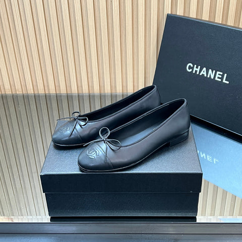 CHANEL 25S BALLET FLATS 20MM IN BLACK CALFSKIN WITH BOW