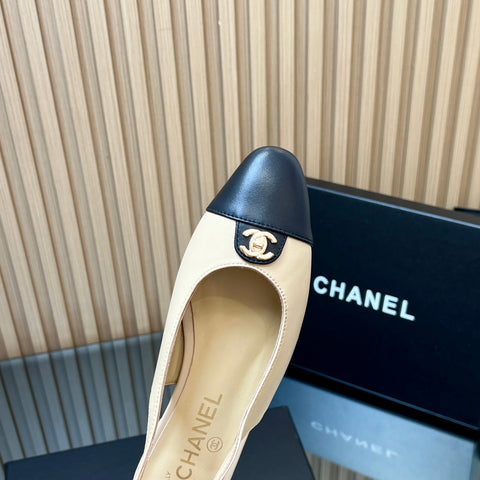 CHANEL 25S SLINGBACK FLATS IN BEIGE CALFSKIN GOLD HARDWRE