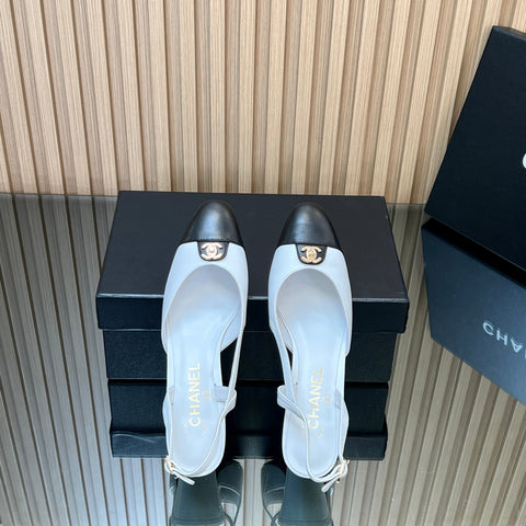 CHANEL 25S SLINGBACK SHOE 45MM IN WHITE CALFSKIN GOLD HARDWRE
