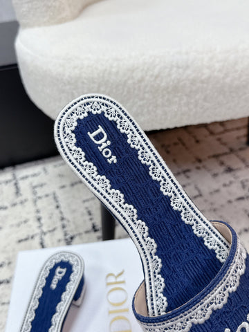 DIOR 26S HIGH HEEL SLIDES IN NAVY BLUE EMBOSSED OBLIQUE LACE EMBROIDERY