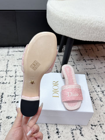 DIOR 26S HIGH HEEL SLIDES IN LIGHT PINK EMBOSSED OBLIQUE LACE EMBROIDERY