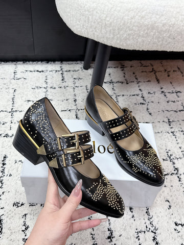 CHLOÉ 26S METAL STUD SHOES IN BLACK CALFSKIN