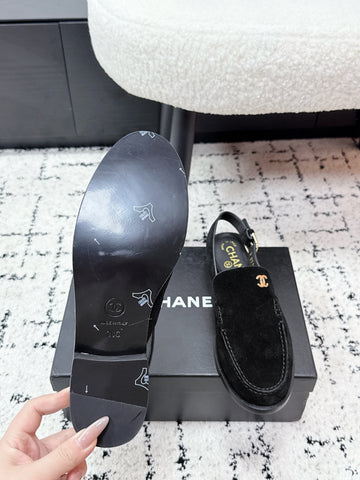 CHANEL 26S SLINGBACK LOAFERS IN BLACK SUEDE WITH CC LOGO