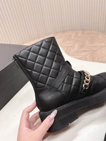 CHANEL ANKLE BOOTS 25S IN BLACK LAMBSKIN EMBOSSED LOGO WITH GOLD HARDWARE