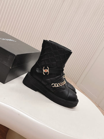 CHANEL ANKLE BOOTS 25S IN BLACK LAMBSKIN EMBOSSED LOGO WITH GOLD HARDWARE