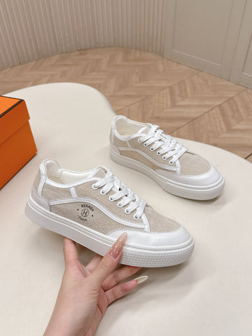 HM 25S SNEAKER LOW SPORTS IN BEIGE CANVAS MIX WHITE LAMBSKIN