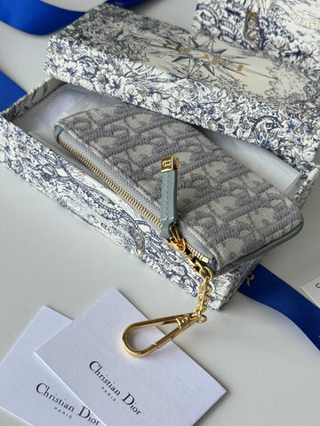 DIOR 25S TRAVEL MYRTE ZIPPED KEY CASE 14 IN GRAY DIOR OBLIQUE JACQUARD CANVAS