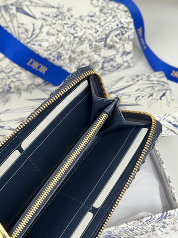 DIOR 25S LONG ZIPPER WALLET 19 IN BLUE OBLIQUE JACQUARD CANVAS