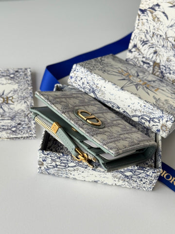DIOR 25S 30 MONTAIGNE DAHLIA WALLET 11 IN GRAY DIOR OBLIQUE JACQUARD