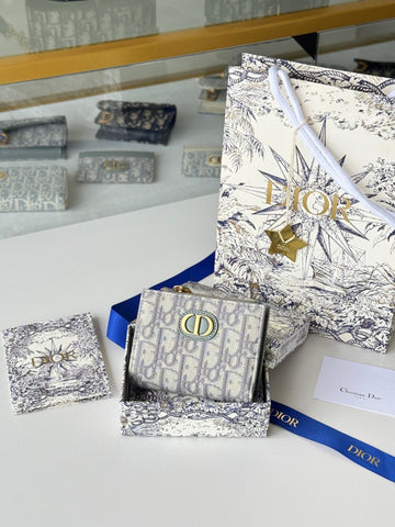 DIOR 25S 30 MONTAIGNE DAHLIA WALLET 11 IN GRAY DIOR OBLIQUE JACQUARD