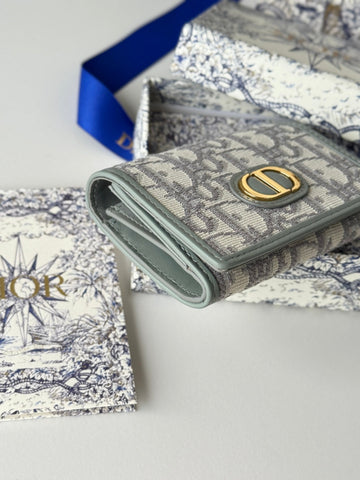 DIOR 25S CARO CARD HOLDER 11 IN GRAY CALFSKIN AND CANVAS GOLD HARDWARE