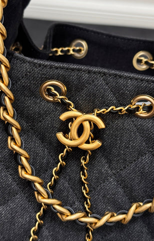 CHANEL 25S HOBO BAG 30 IN BLACK-GRAY DENIM WITH GOLD HARDWARE