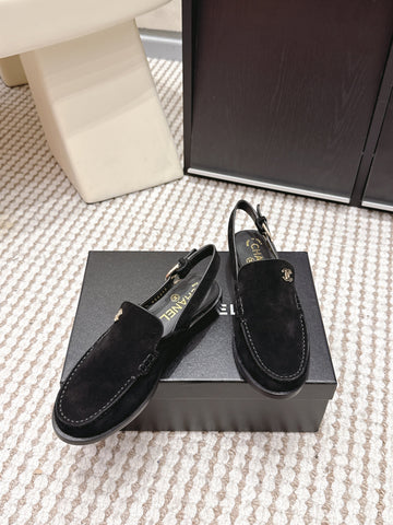 CHANEL 26S SLINGBACK LOAFERS IN BLACK SUEDE