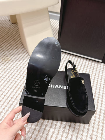 CHANEL 26S SLINGBACK LOAFERS IN BLACK SUEDE