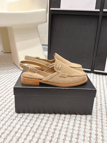 CHANEL 26S SLINGBACK LOAFERS IN LIGHT BROWN SUEDE