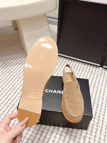 CHANEL 26S SLINGBACK LOAFERS IN LIGHT BROWN SUEDE