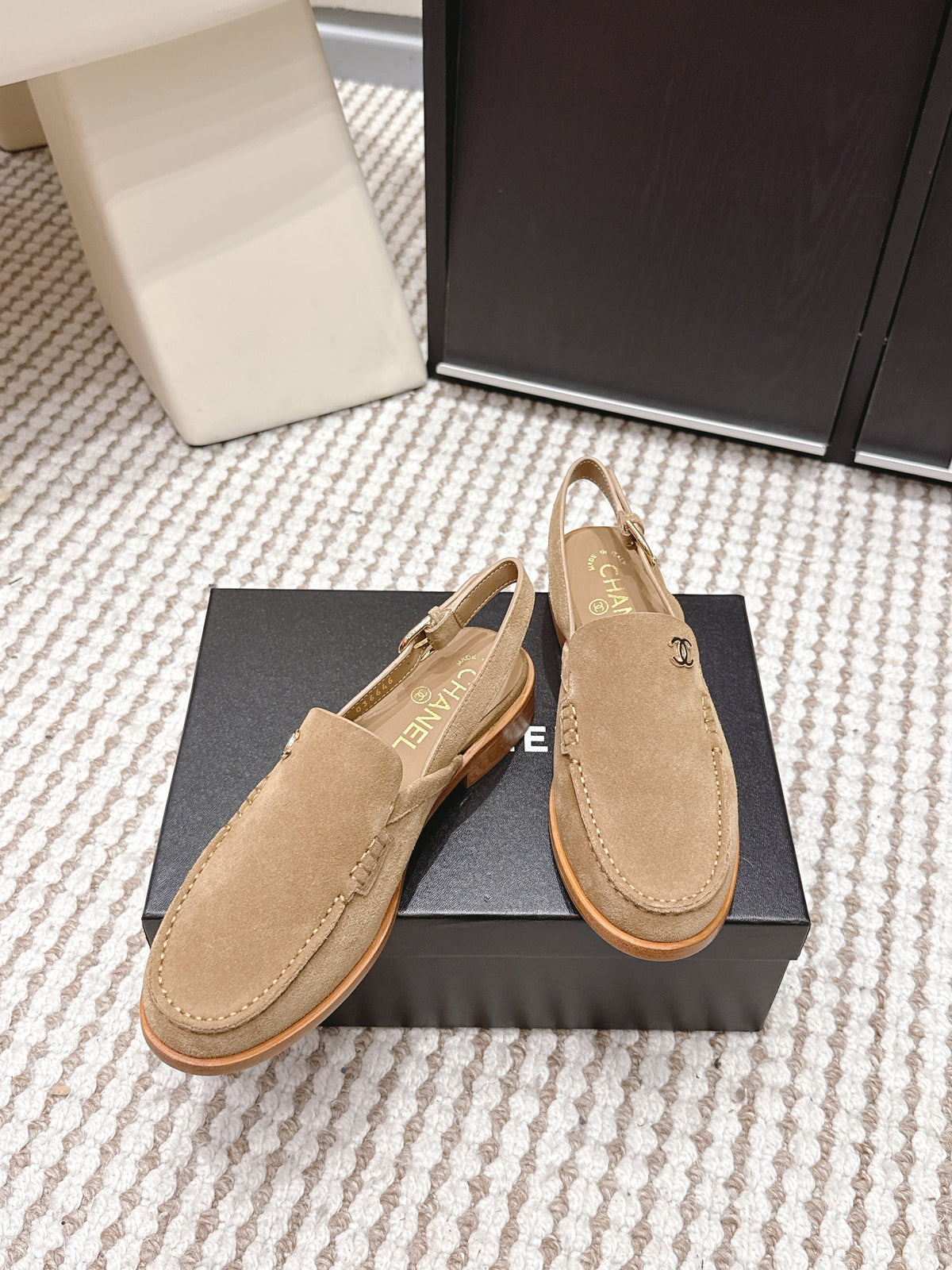 CHANEL 26S SLINGBACK LOAFERS IN LIGHT BROWN SUEDE