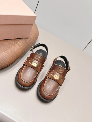 MIUMIU 26S BLOCK HEEL PENNY SLINGBACK LOAFERS 50MM IN BROWN CALFSKIN