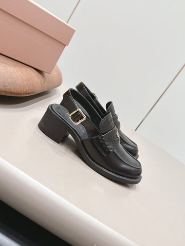 MIUMIU 26S BLOCK HEEL PENNY SLINGBACK LOAFERS 50MM IN BLACK CALFSKIN