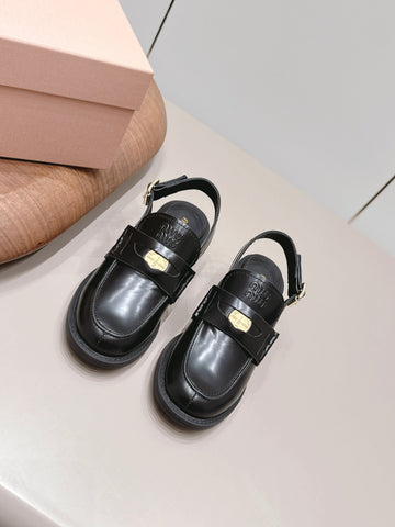 MIUMIU 26S BLOCK HEEL PENNY SLINGBACK LOAFERS 50MM IN BLACK CALFSKIN