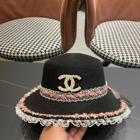 CHANEL 26S LACE & FLORAL TRIM STRAW HAT 337938