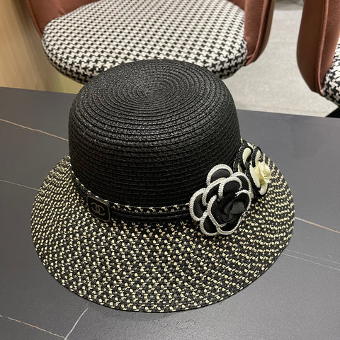 CHANEL 26S FLORAL-EMBELLISHED STRAW HAT 337940