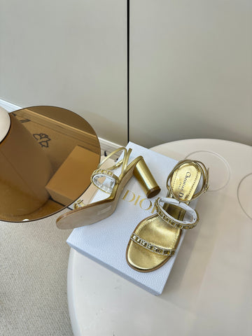 HIGH HEEL 25S SANDALS 85MM IN SHINY GOLD CALFSKIN RHINESTONES STRAP