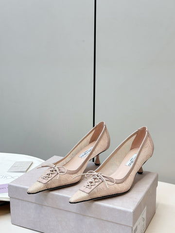 JIMMY CHOO 26S LACE-UP HEELS IN LIGHT NUDE PINK LACE AND LAMBSKIN