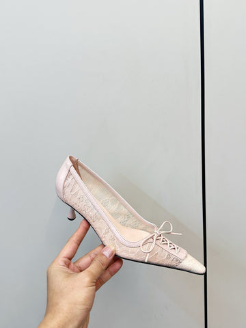 JIMMY CHOO 26S LACE-UP HEELS IN LIGHT NUDE PINK LACE AND LAMBSKIN