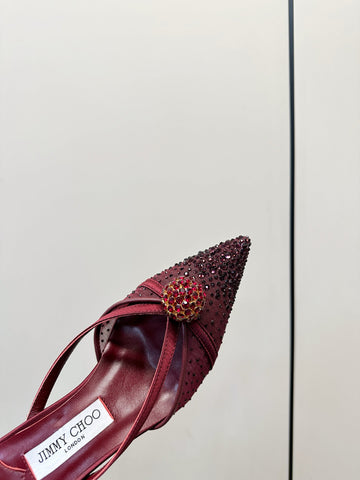 JIMMY CHOO 26S HEELED MULES 80 MM IN DARK RED CRYSTAL EMBELLISHMENT