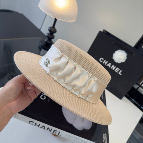 CHANEL 26S RIBBON-EMBELLISHED STRAW BOATER HAT 335893