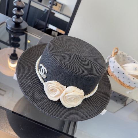 CHANEL 26S BOATER HAT FLORAL EMBELLISHMENT 338037