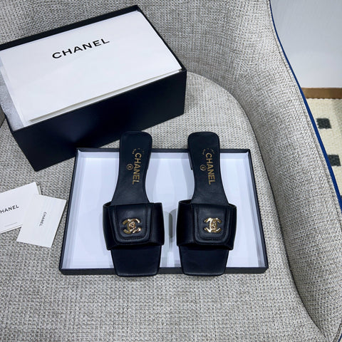 CHANEL 26S FLAT SLIDES IN BLACK LAMBSKIN