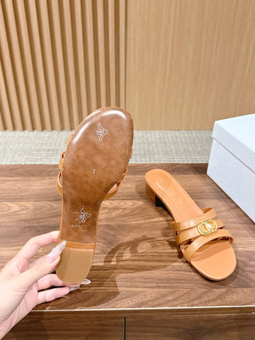 DIOR 26S MID HEEL SANDALS IN CARAMEL BROWN CALFSKIN MULTI STRAP GOLD HARDWARE