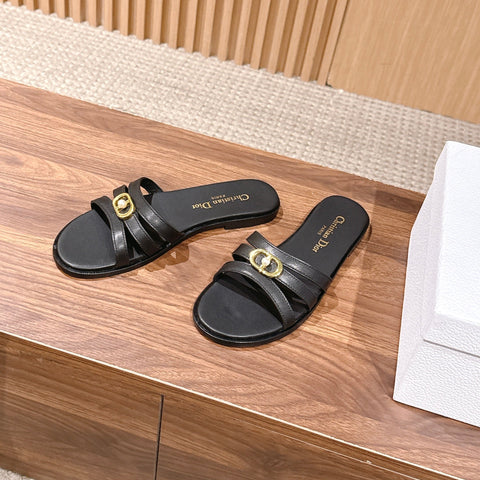 DIOR 26S MULTI STRAP SLIDE SANDALS IN BLACK CALFSKIN GOLD BUCKLE