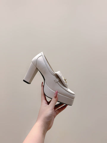 CHANEL 25S HIGH-HEELED MOCCASINS 80MM IN WHITE CALFSKIN GOLD HARDWARE