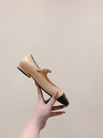 CHANEL 25S MARY JANE FLATS IN BEIGE LAMBSKIN WITH BLACK CAP TOE SILVER HARDWARE